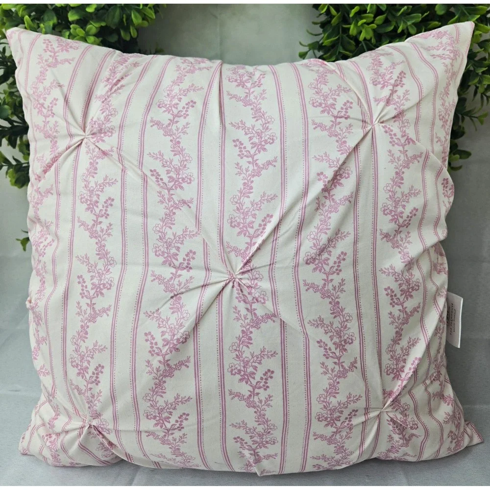 The Farmhouse Rachel Ashwell Pink Stripe Floral Pintuck Throw Pillow Shabby Chic